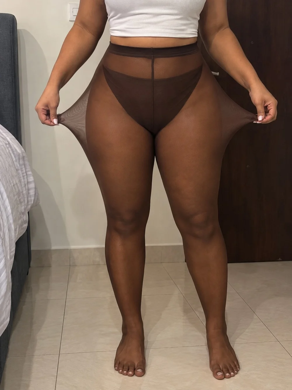 Sheer High-Waist Tights - Brown